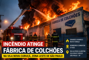 Incêndio atinge fábrica de colchões na Zona Leste de São Paulo e mobiliza bombeiros