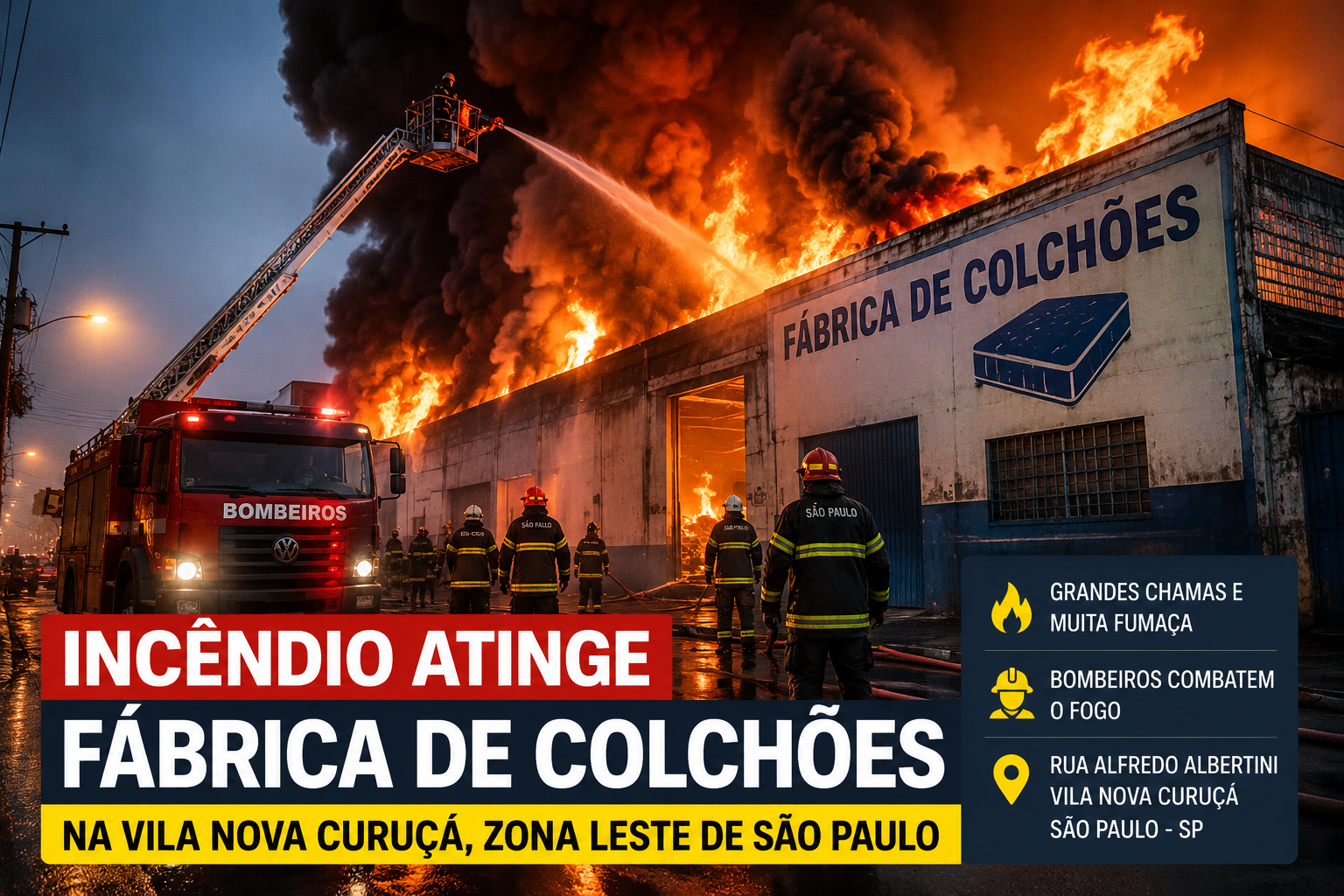 Incêndio atinge fábrica de colchões na Zona Leste de São Paulo e mobiliza bombeiros
