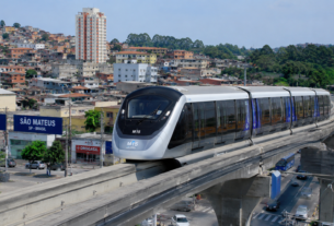 Monotrilho elevado da Linha 15-Prata circulando pela Zona Leste de São Paulo, simbolizando desenvolvimento urbano, mobilidade e crescimento econômico da região.